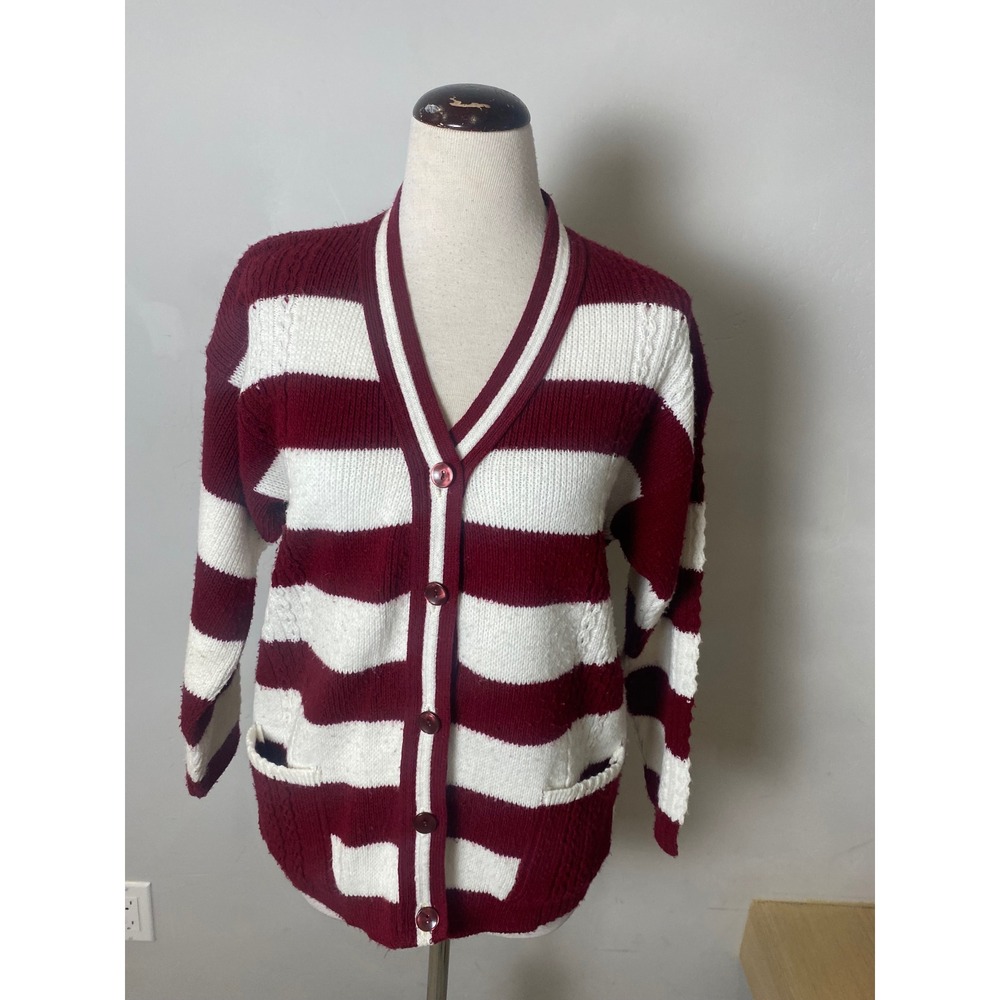 Vintage 70s Nan Dorsey Burgundy White Striped Cable Knit Cardigan Sweater Medium